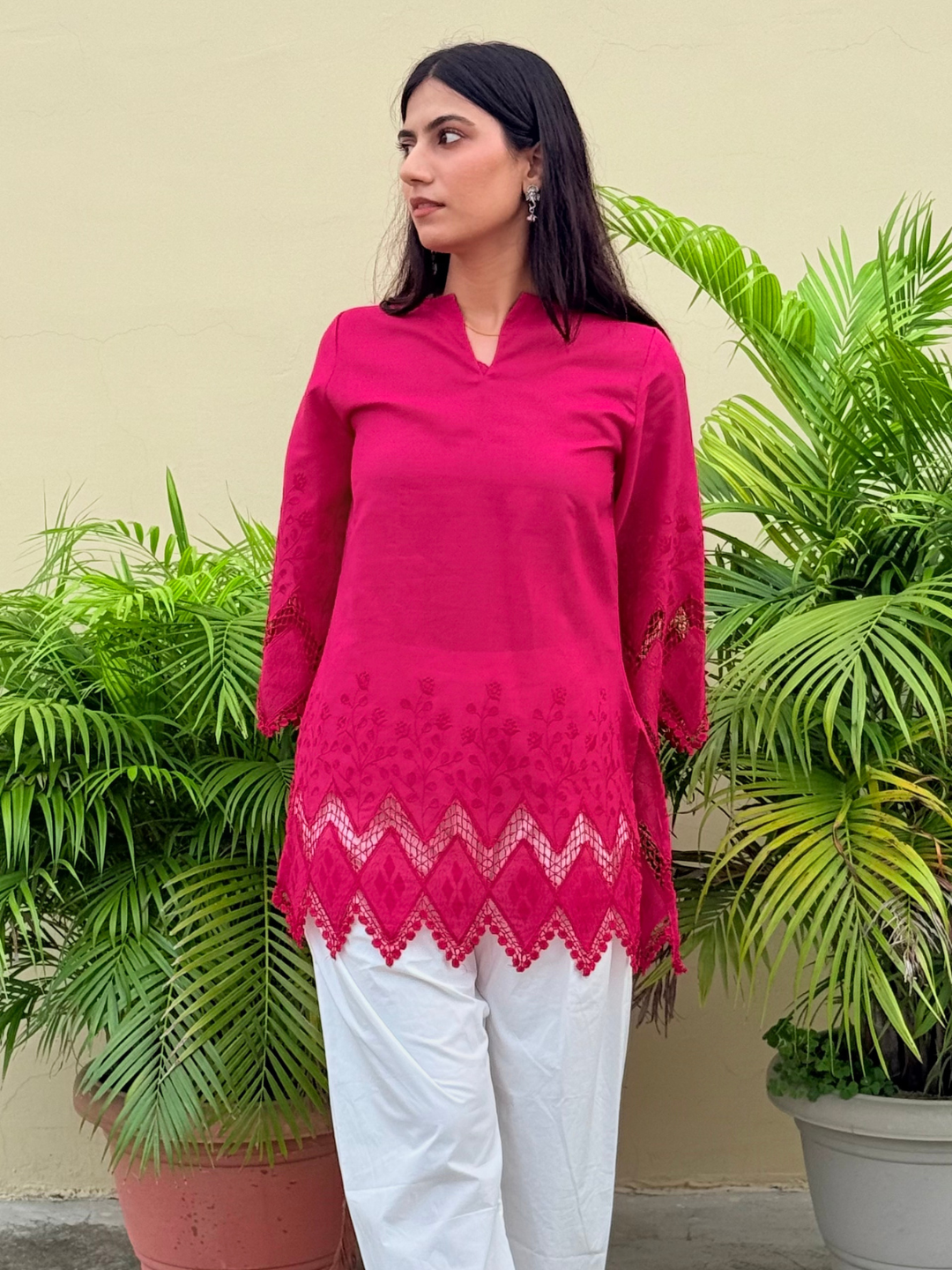Dark Pink Embroidered Kurti with White Farshi Salwar Set - Image 2