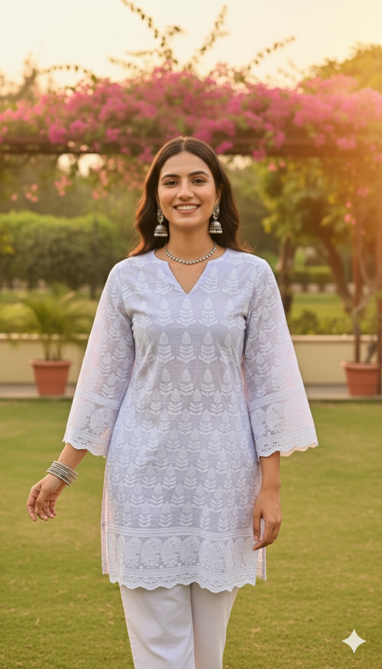 Lilac Elegance Embroidered Cotton Kurti