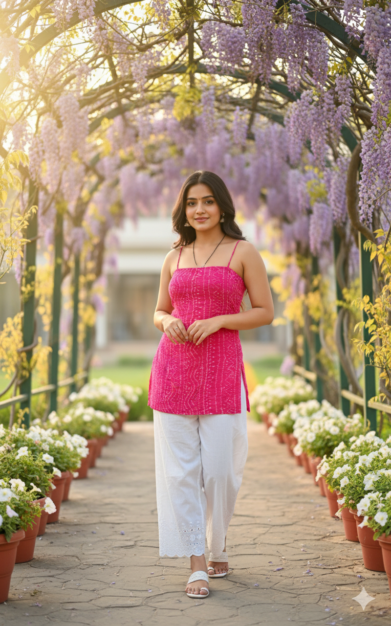 Pink Bandhani Strappy Kurti