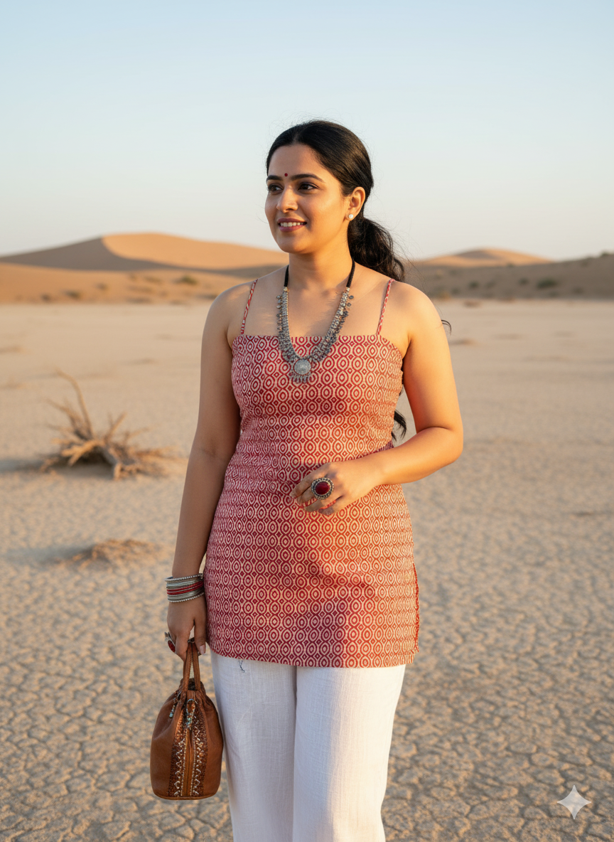 Vanya: Red Geometric Print Sleeveless Kurti