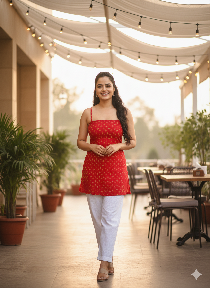 Gulnaar Red Floral Strappy Back-Tie Kurti