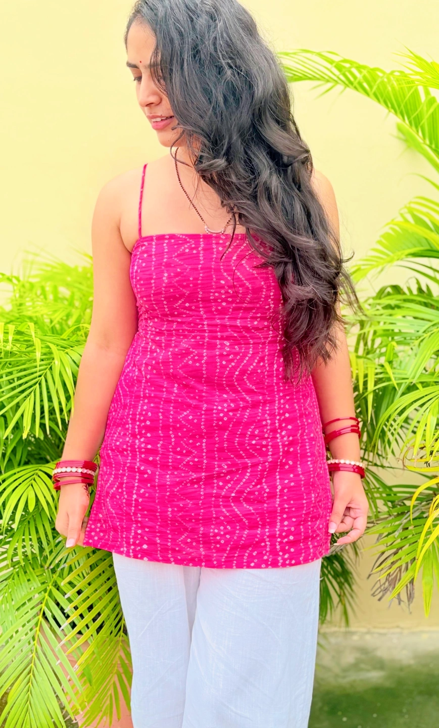 Pink Bandhani Strappy Kurti - Image 2