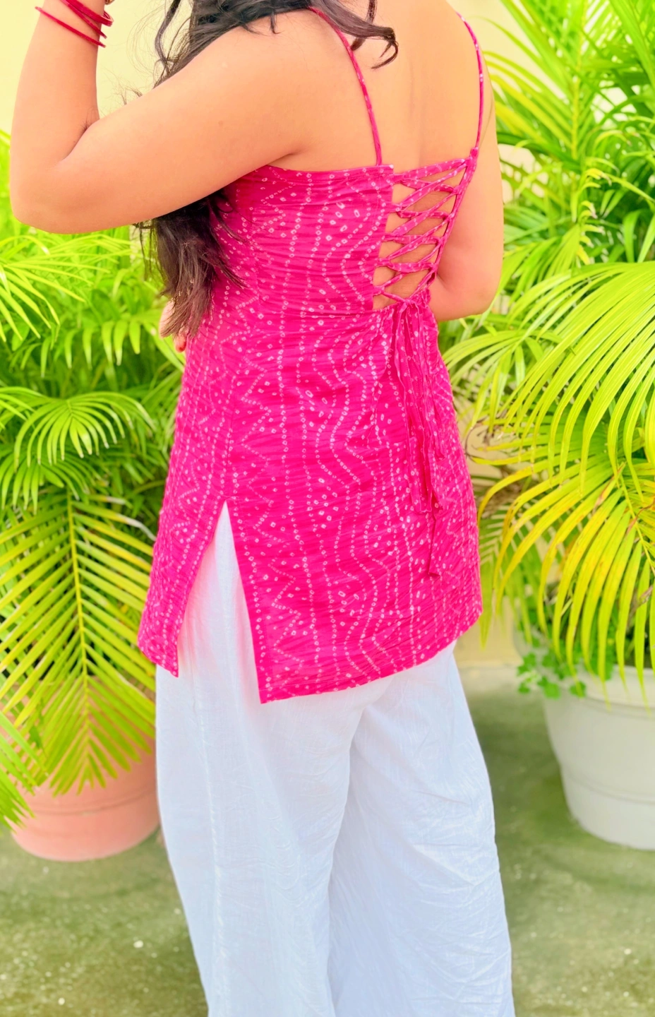 Pink Bandhani Strappy Kurti - Image 3