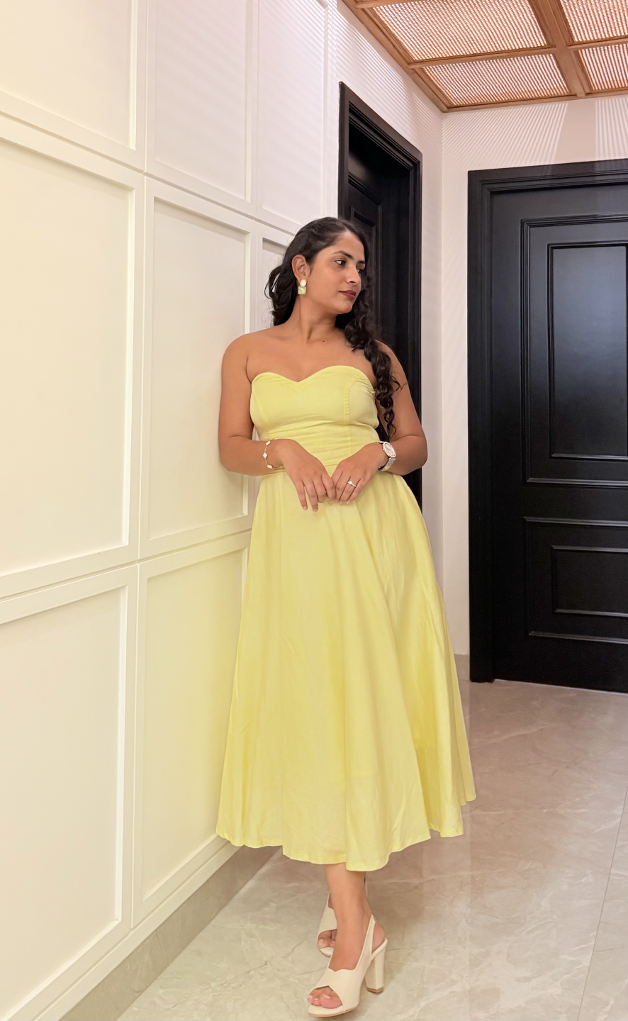 Butter Yellow Strapless Flare Dress - Image 4