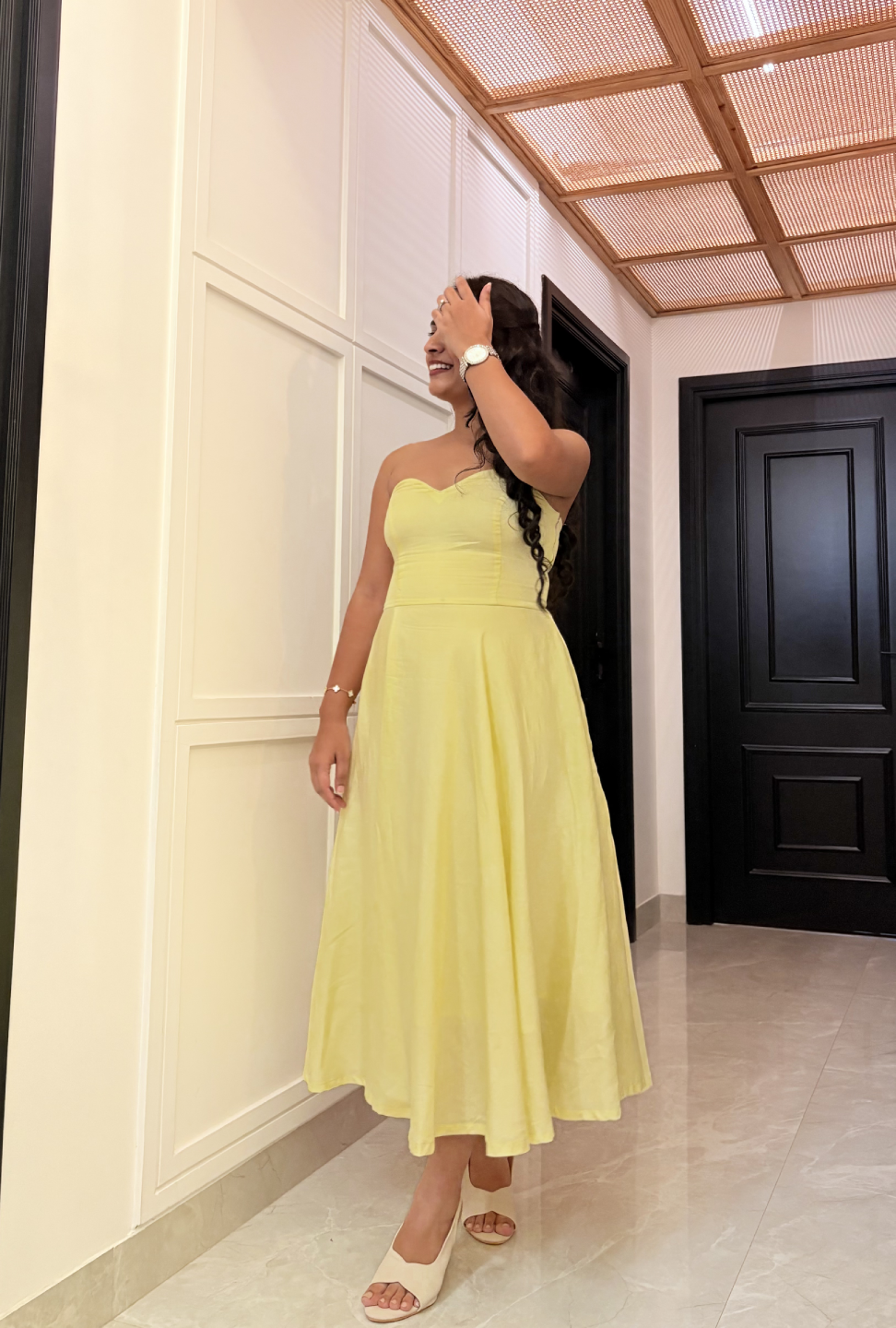 Butter Yellow Strapless Flare Dress - Image 5