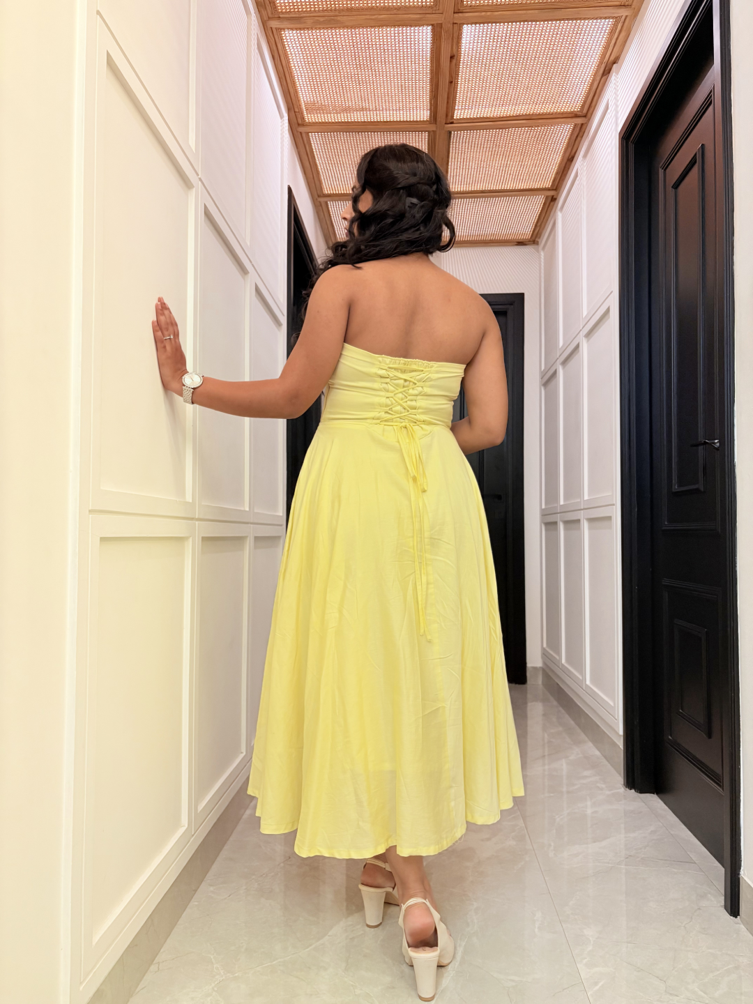 Butter Yellow Strapless Flare Dress - Image 2