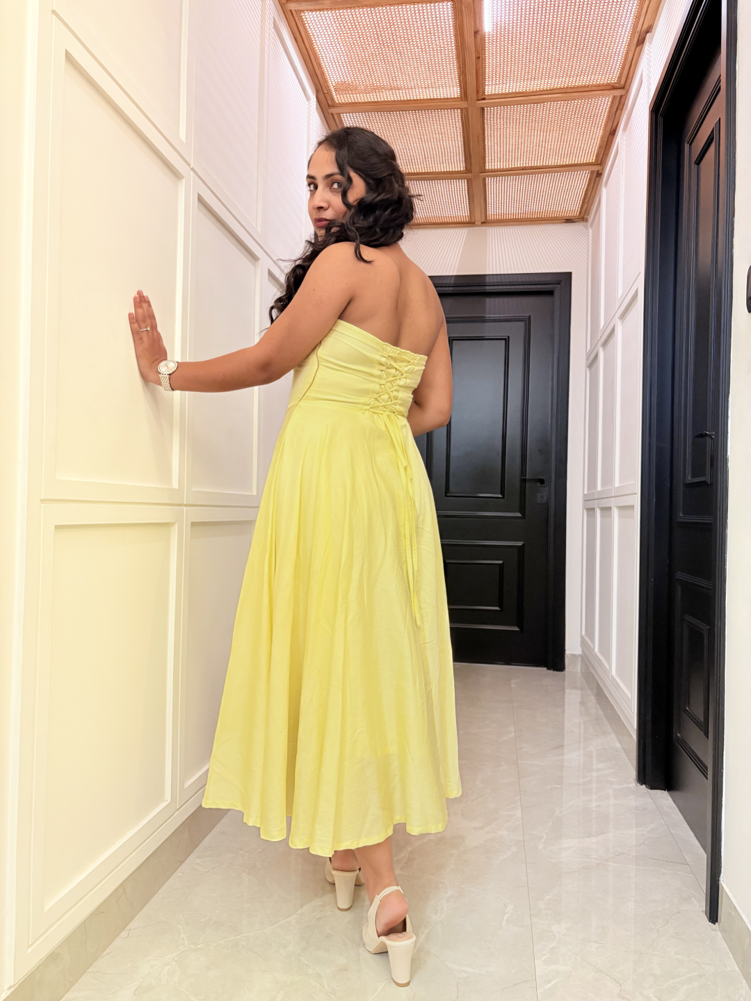 Butter Yellow Strapless Flare Dress - Image 3