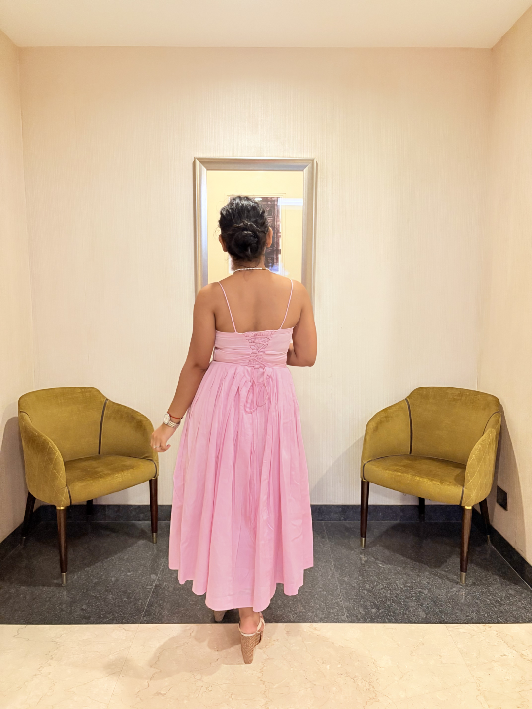 Blush Pink Midi Dress with Spaghetti Straps - Image 5